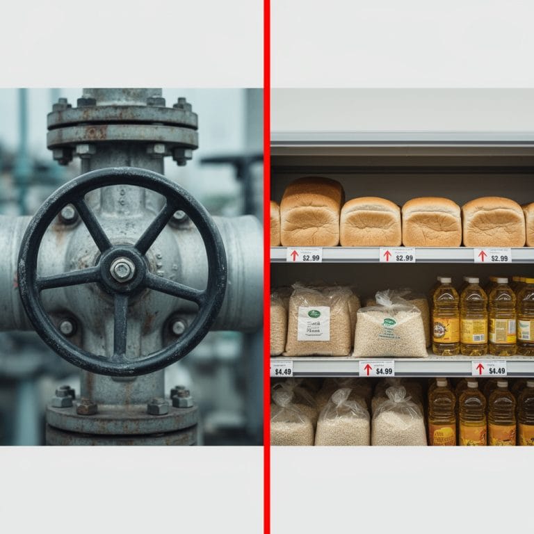 خريطة العالم تُظهر ثلاث نقاط ضغط في الشرق الأوسط: مضيق هرمز وباب المندب وقناة السويس، مع خطوط تمتد منها إلى بقية العالم — توضيح لتأثير الحرب في الشرق الأوسط على التجارة والاقتصاد العالمي