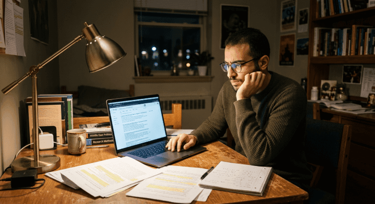 باحث عربي يستخدم جوجل سكولار على شاشة لابتوب مع نتائج بحث أكاديمية