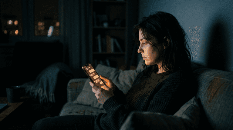 شخص يجلس وحيدًا في الظلام يتحدث مع واجهة ذكاء اصطناعي على هاتفه تعبيرًا عن الاعتماد المتزايد على الآلة في القرارات الشخصية