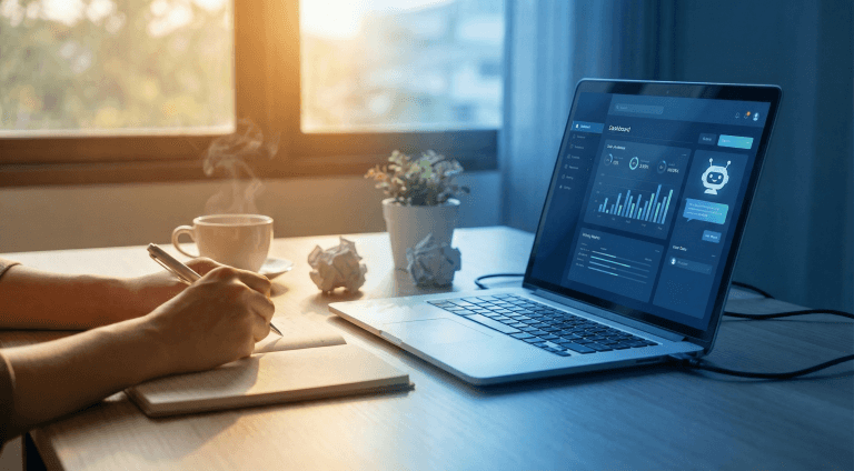 مكتب مقسوم بين نصف بشري دافئ ونصف رقمي بارد تعبيرًا عن التحول في سوق العمل بسبب الذكاء الاصطناعي