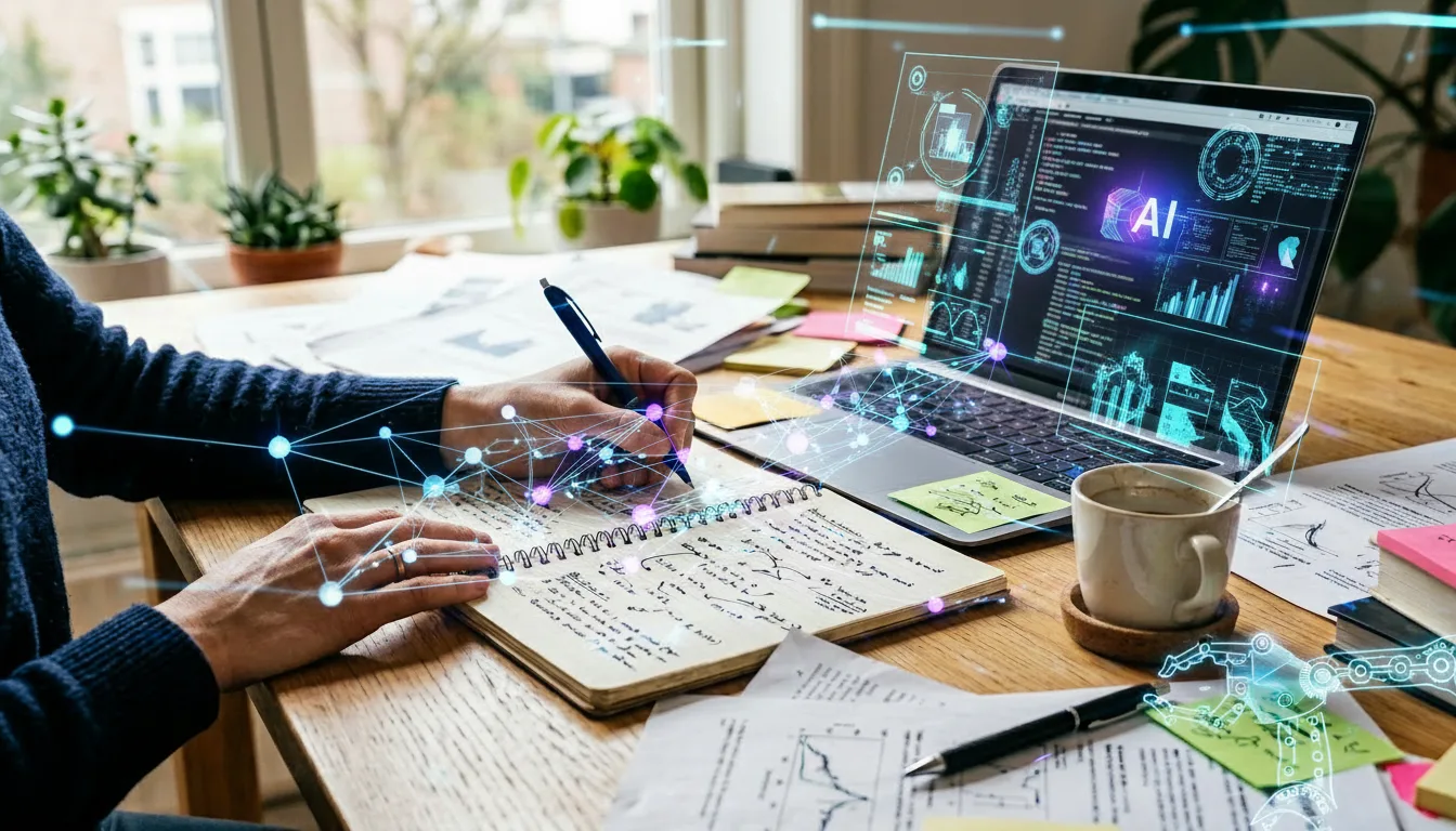 يدا باحث تكتبان في دفتر بجانب حاسوب محمول وأوراق بحثية متناثرة تعبيرًا عن بناء منهجية بحث بالذكاء الاصطناعي