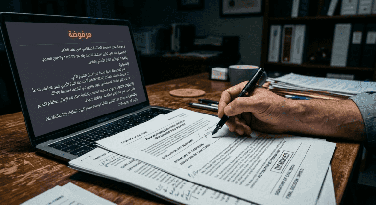 يدا محامٍ تمسكان وثيقة قانونية من جهة وجهاز لوحي يعرض بيانات خوارزمية من جهة أخرى تعبيرًا عن التقاطع بين القانون والتقنية