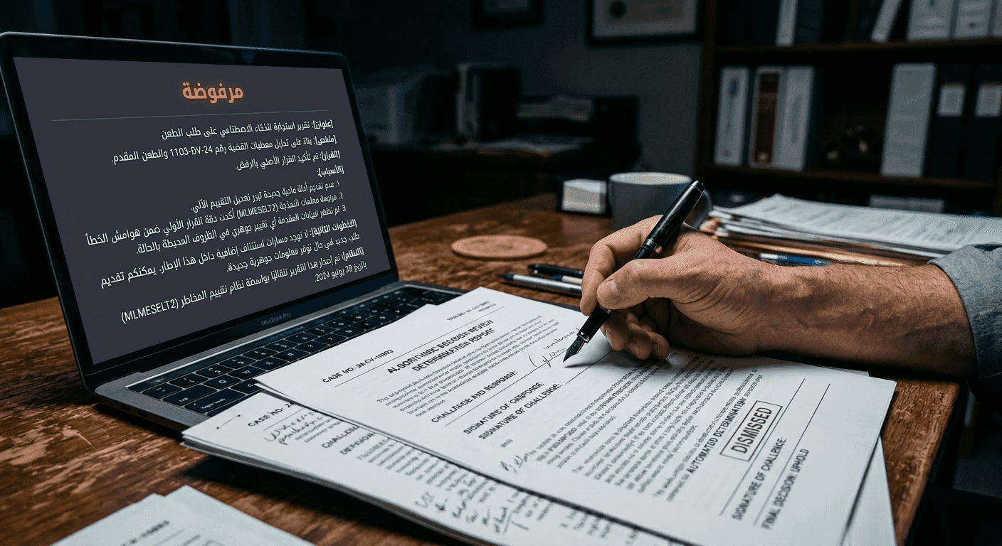 يدا محامٍ تمسكان وثيقة قانونية من جهة وجهاز لوحي يعرض بيانات خوارزمية من جهة أخرى تعبيرًا عن التقاطع بين القانون والتقنية