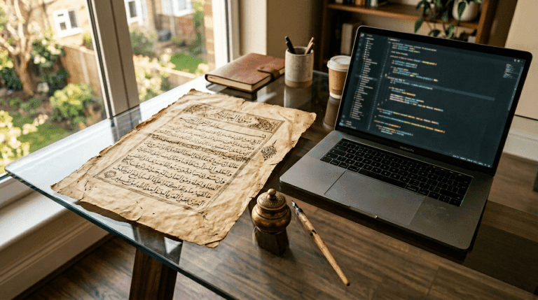 مخطوطة عربية قديمة بجانب حاسوب محمول يعرض أسطر برمجية تعبيرًا عن الفجوة بين الفقه الإسلامي والتشريع الرقمي