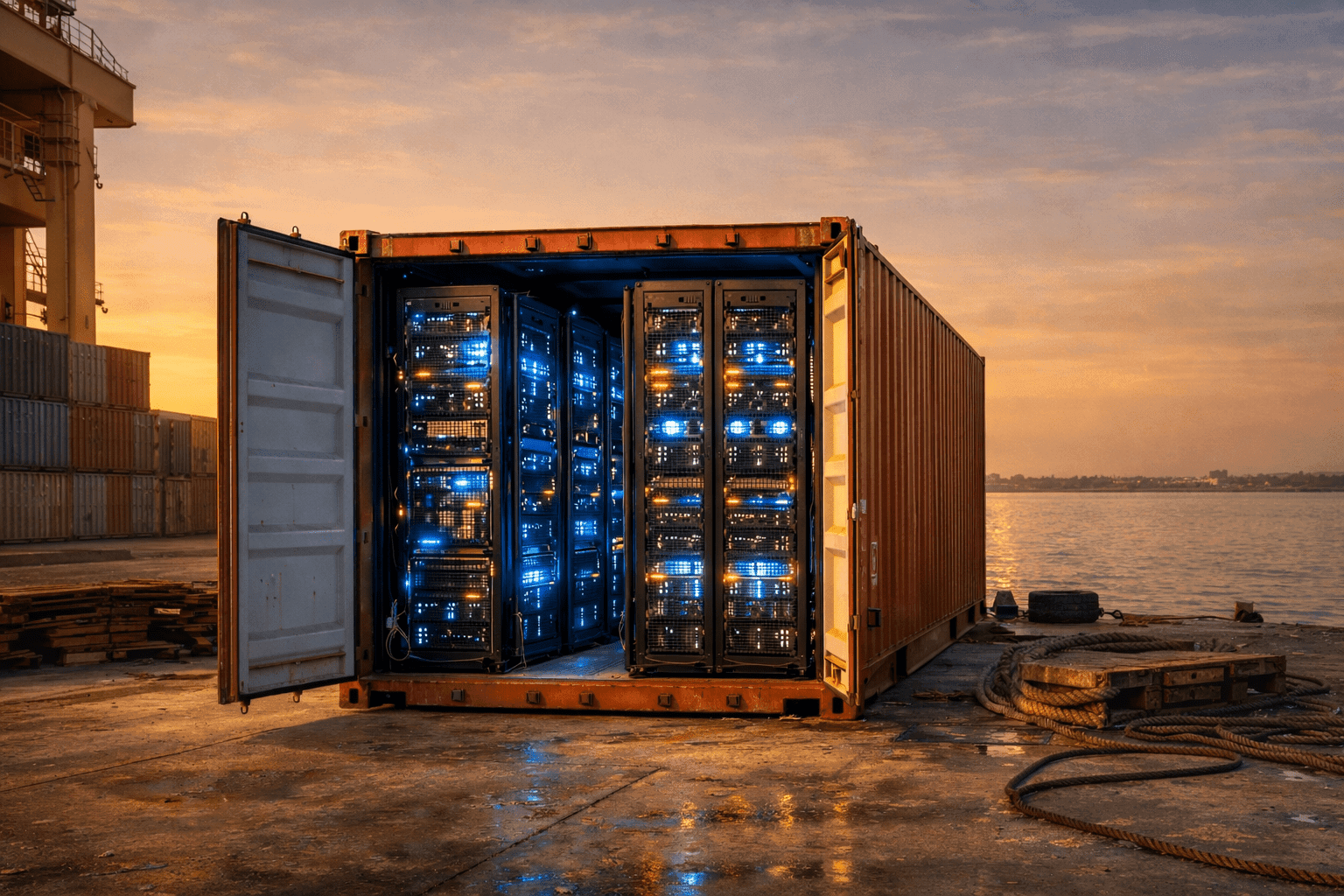 حاوية شحن مفتوحة تكشف عن خوادم مضيئة بدل البضائع التقليدية أمام أفق مدينة شرق أوسطية تعبيرًا عن استيراد الذكاء الاصطناعي دون إنتاجه