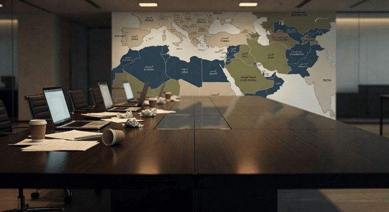 طاولة اجتماعات حديثة نصفها مشغول بأجهزة ووثائق ونصفها فارغ تمامًا تعبيرًا عن غياب العالم الإسلامي عن دائرة التأثير في سباق الذكاء الاصطناعي