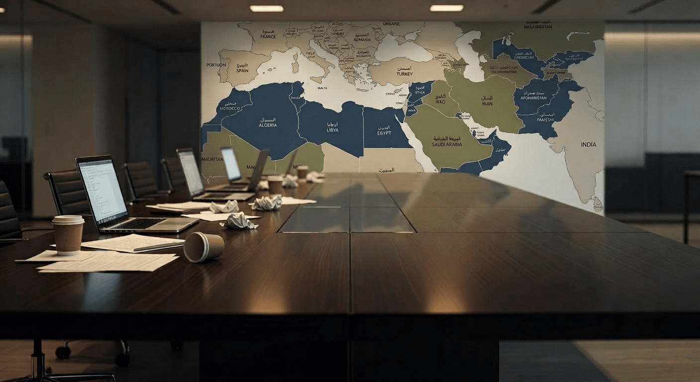 طاولة اجتماعات حديثة نصفها مشغول بأجهزة ووثائق ونصفها فارغ تمامًا تعبيرًا عن غياب العالم الإسلامي عن دائرة التأثير في سباق الذكاء الاصطناعي