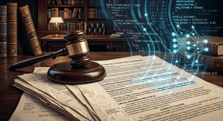 مكتب تشريعي مع وثائق قانونية وجهاز كمبيوتر، يظهر الذكاء الاصطناعي في المساعدة على صياغة القوانين