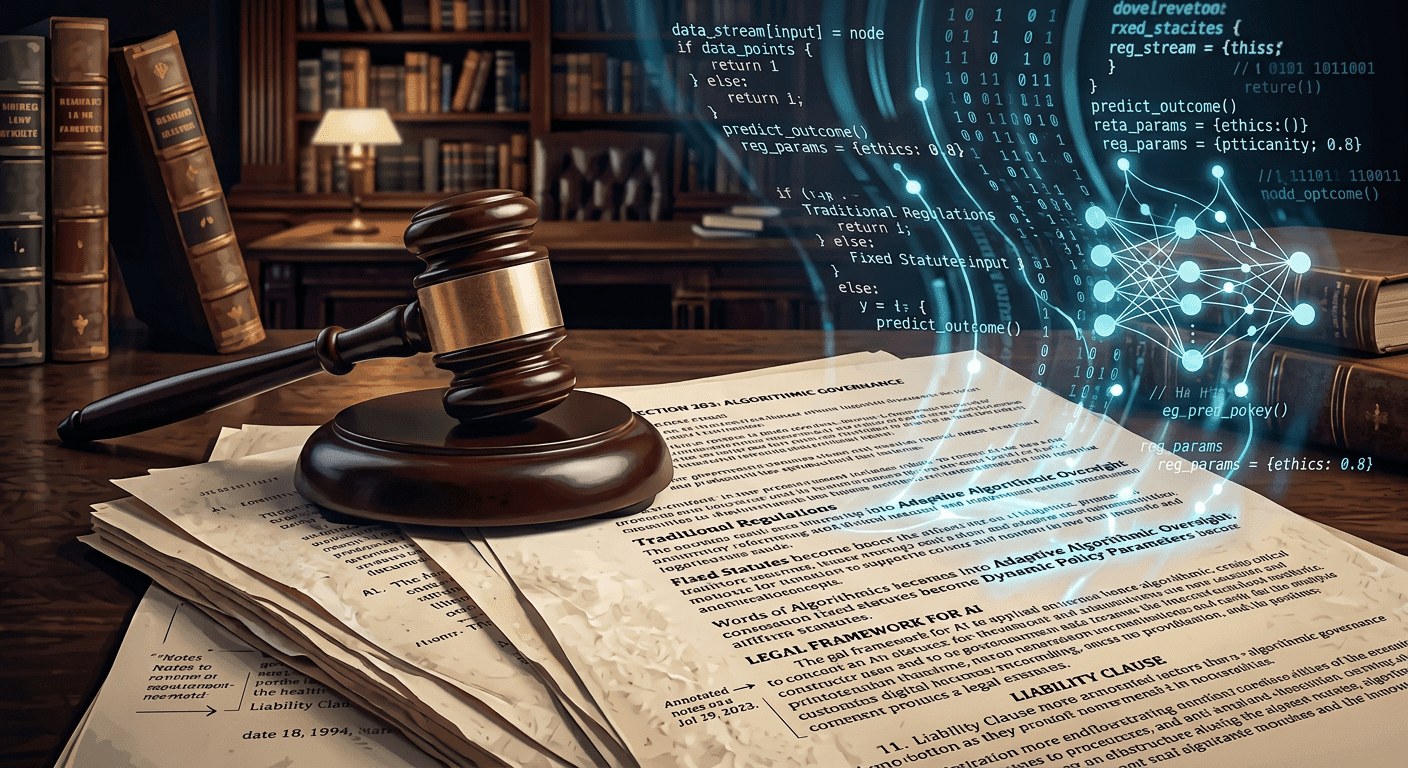 مكتب تشريعي مع وثائق قانونية وجهاز كمبيوتر، يظهر الذكاء الاصطناعي في المساعدة على صياغة القوانين