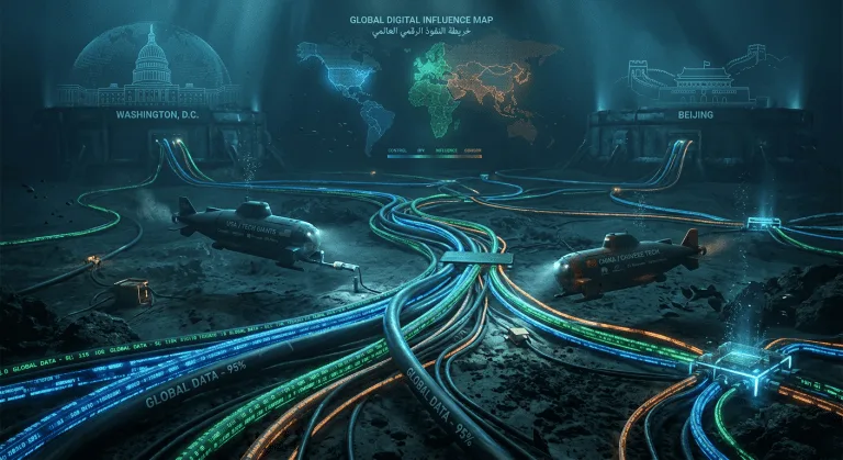 كابلات إنترنت بحرية ممدودة في أعماق المحيط تعبيرًا عن الصراع الخفي على السيادة الرقمية العالمية