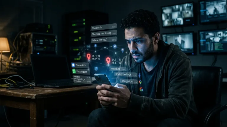 شخص يقف وسط تدفقات رقمية وبيانات شخصية متصلة بخوادم عملاقة في مشهد يرمز إلى المراقبة الرقمية والتحكم في القرارات.