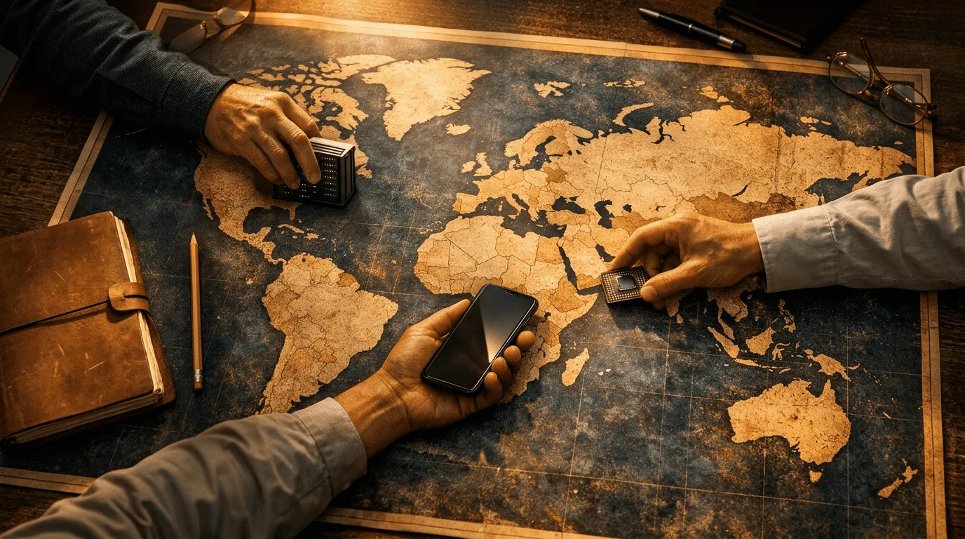 خريطة عالمية مع عناصر تقنية موزعة على مناطق مختلفة تعبيرًا عن إعادة التكنولوجيا رسم خريطة النفوذ العالمي