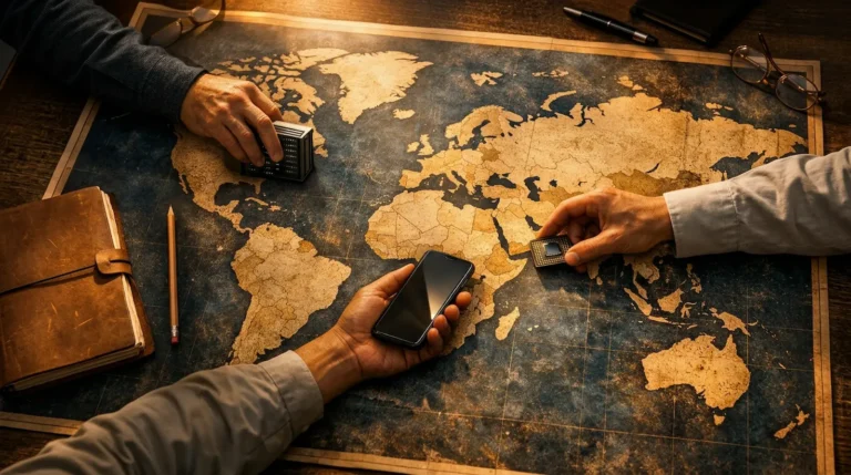 خريطة عالمية مع عناصر تقنية موزعة على مناطق مختلفة تعبيرًا عن إعادة التكنولوجيا رسم خريطة النفوذ العالمي