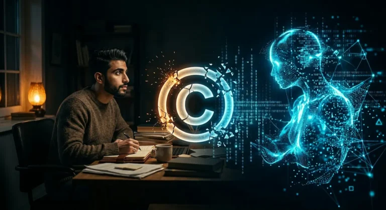 رسم سينمائي بسيط يوضح كاتباً بشرياً مقابل كيان ذكاء اصطناعي رقمي، مع رمز حقوق مؤلف مكسور في المنتصف يرمز إلى الصراع بين الإبداع البشري والتقنية.