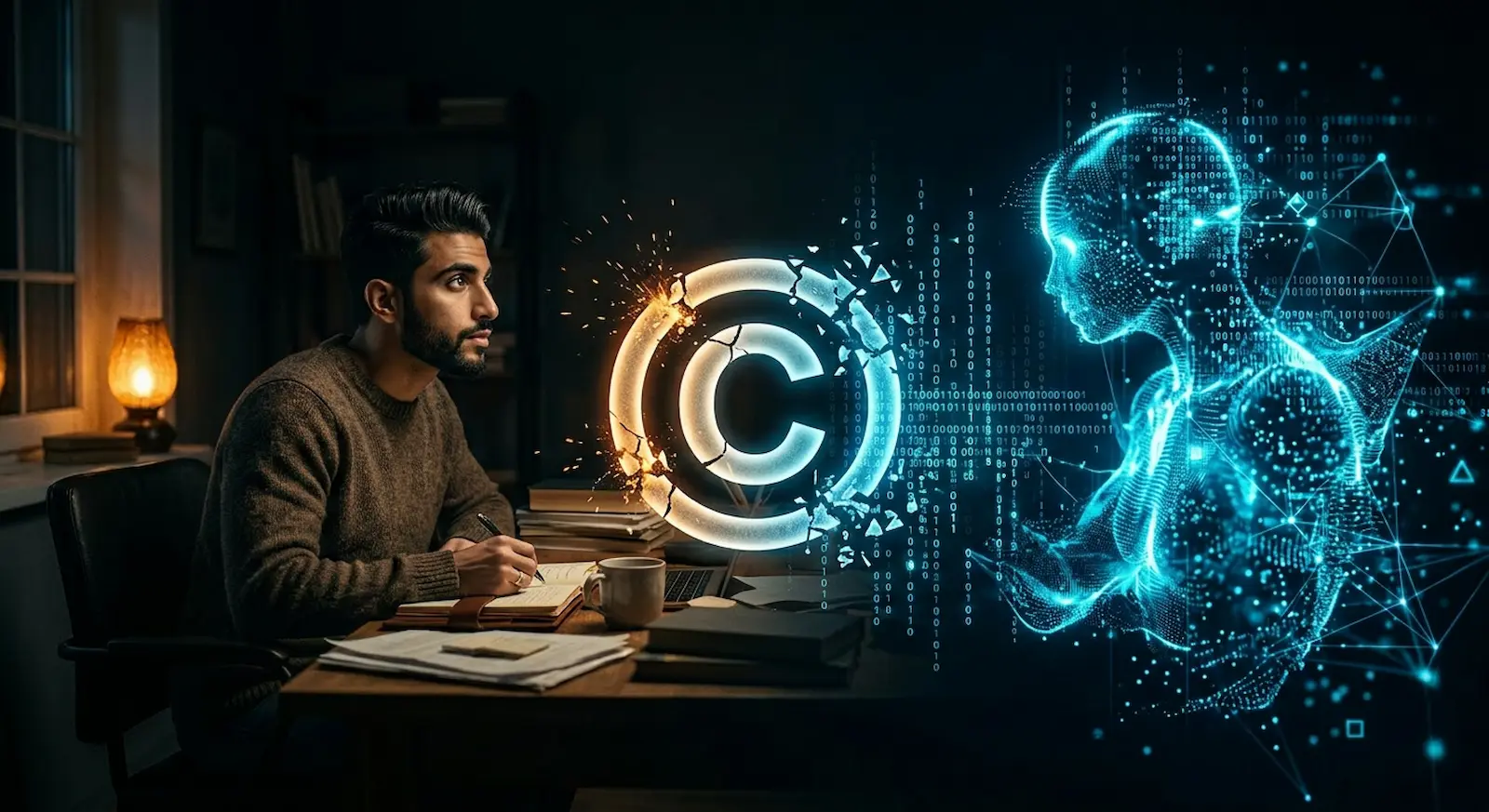 رسم سينمائي بسيط يوضح كاتباً بشرياً مقابل كيان ذكاء اصطناعي رقمي، مع رمز حقوق مؤلف مكسور في المنتصف يرمز إلى الصراع بين الإبداع البشري والتقنية.