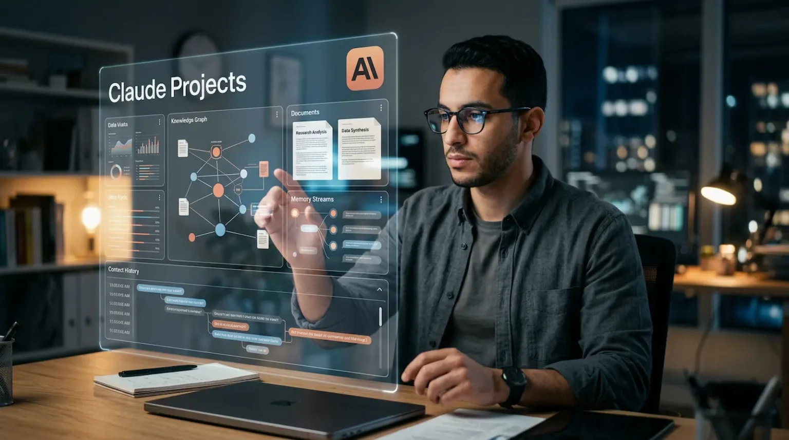 تصميم يوضح Claude Projects كنظام بحث بالذكاء الاصطناعي بذاكرة مستمرة