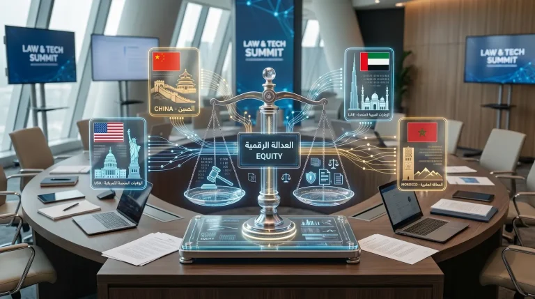 مشهد قانوني يوضح التزييف العميق مع ميزان العدالة ومقارنة بين الولايات المتحدة والصين والإمارات والمغرب باستخدام الذكاء الاصطناعي