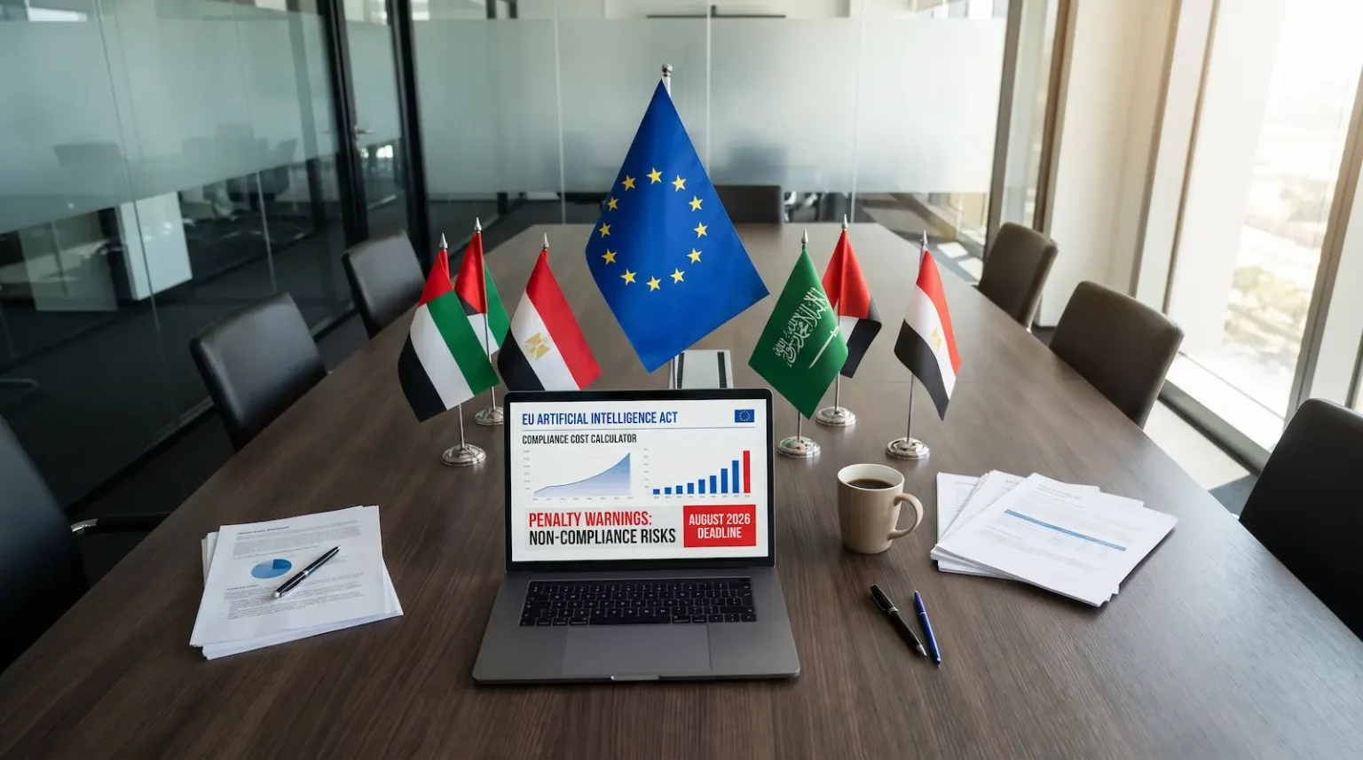 رسم توضيحي يُظهر شركات عربية تواجه متطلبات قانون الذكاء الاصطناعي الأوروبي...