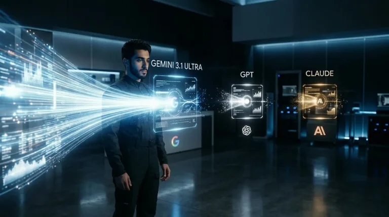 رجل يراقب مقارنة بين نماذج الذكاء الاصطناعي Gemini 3.1 Ultra وGPT وClaude مع إظهار فكرة نافذة السياق الكبيرة