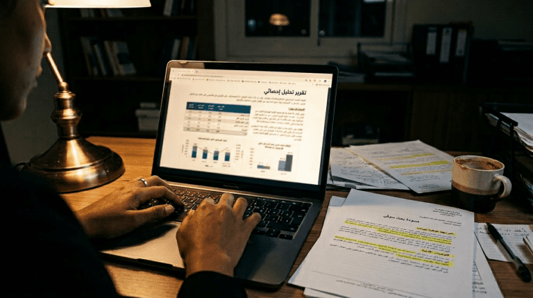شاشة تحليل بيانات حكومية مفتوحة تعرض مؤشرات اقتصادية وتشريعية عربية