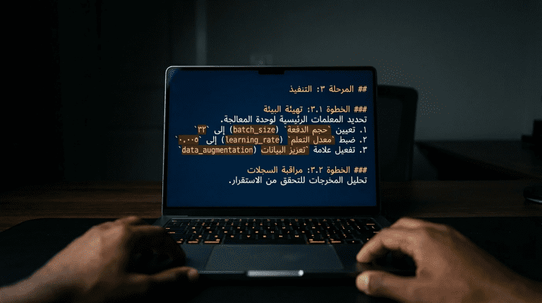 شاشة حاسوب تعرض نصاً منظماً بدقة في مساحة عمل هادئة، دليل كتابة برومبت فعّال