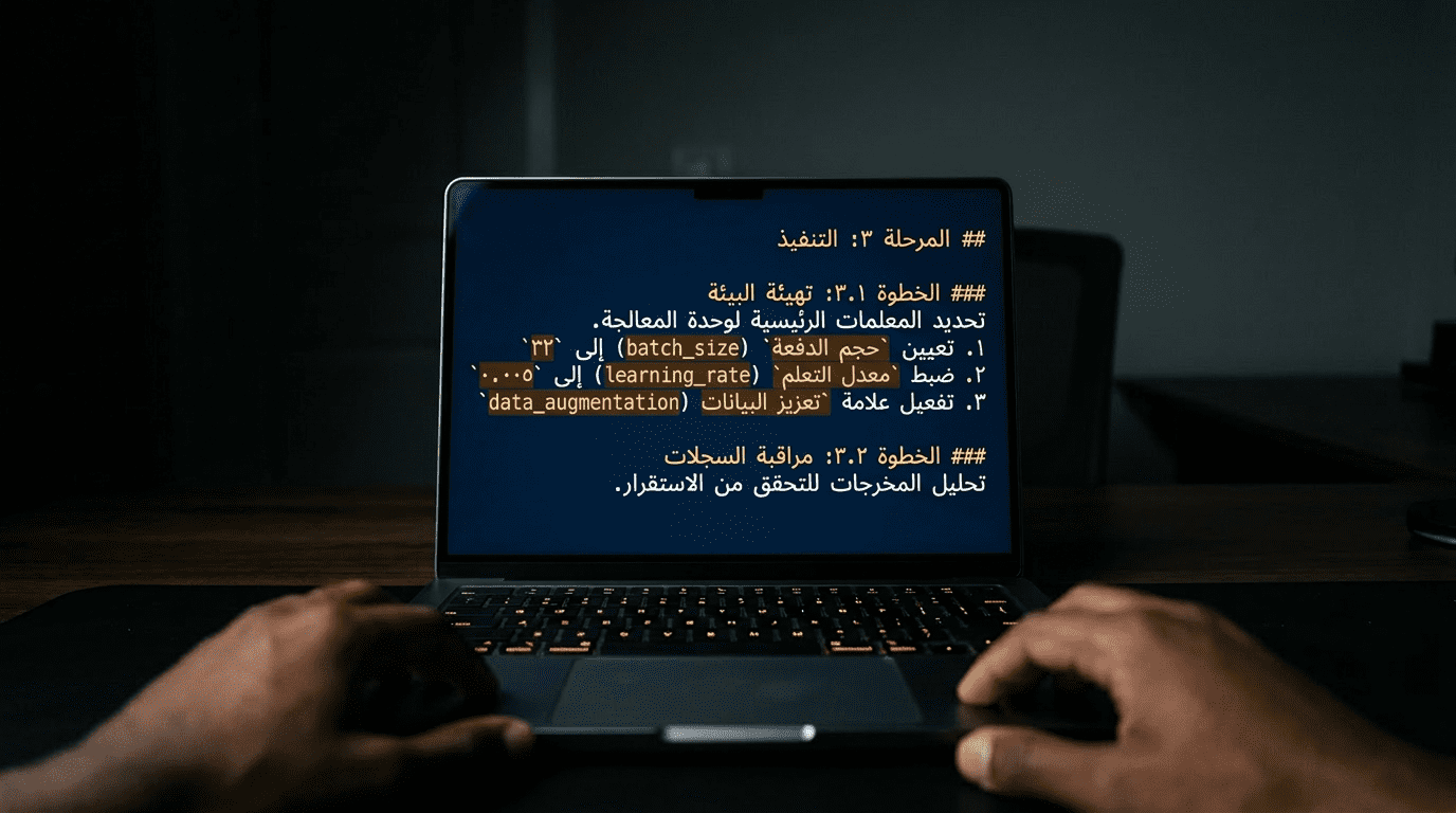 شاشة حاسوب تعرض نصاً منظماً بدقة في مساحة عمل هادئة، دليل كتابة برومبت فعّال