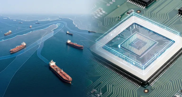 خريطة توضح مضيق هرمز مع رموز سلاسل توريد الرقائق الإلكترونية المتأثرة بالأزمة