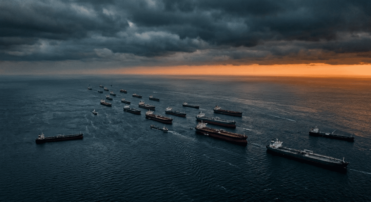 ناقلة نفط في مضيق هرمز مع خريطة توضح مسارات الطاقة العالمية