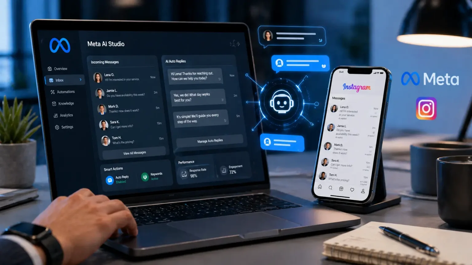 واجهة Meta AI Studio للرد التلقائي على رسائل Instagram وWhatsApp باستخدام الذكاء الاصطناعي