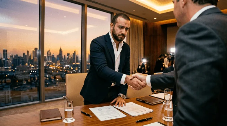 رائد أعمال عربي يصافح ممثل شركة تقنية عالمية بعد توقيع صفقة استحواذ في غرفة اجتماعات فندق فاخر بدبي، تعبير وجهه يجمع بين الفخر والاستسلام