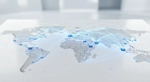 رقاقة إلكترونية مضيئة تتمدد منها كابلات بيانات على خلفية بيضاء دليل السيادة الرقمية والصراع على البنية التحتية التقنية