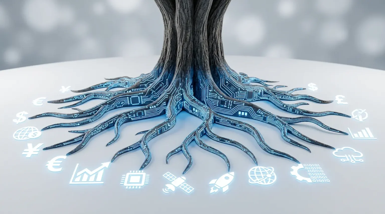 شجرة بجذور رقمية مضيئة على خلفية بيضاء دليل جذور المستقبل لقراءة التحولات الكبرى في الذكاء الاصطناعي والاقتصاد والفضاء