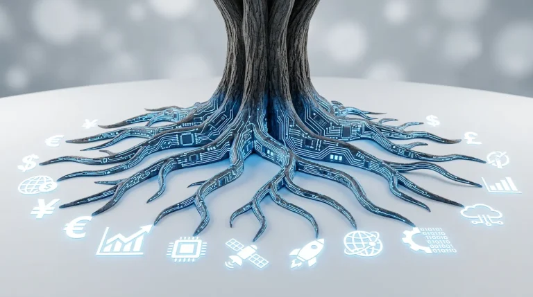 شجرة بجذور رقمية مضيئة على خلفية بيضاء دليل جذور المستقبل لقراءة التحولات الكبرى في الذكاء الاصطناعي والاقتصاد والفضاء