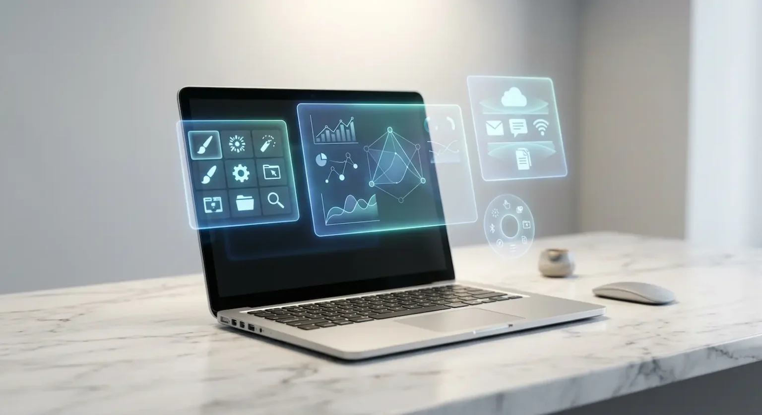 طاولة مختبر بيضاء نظيفة مع أيقونات أدوات رقمية مضيئة دليل مختبر 0.4 لأدوات الذكاء الاصطناعي التي تستحق وقتك فعلاً
