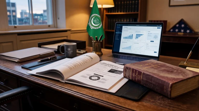 ميزان عدالة فضي بجانب توقيع رقمي مضيء على شاشة شفافة يمثل قبول التوقيع الرقمي أمام القضاء العربي