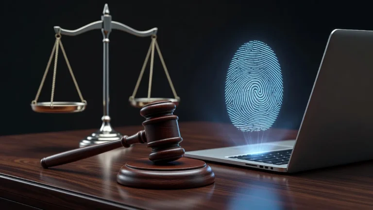 ميزان عدالة بجانب شاشة رقمية تعرض بيانات مضيئة يرمز إلى قبول القضاء المغربي للدليل الرقمي