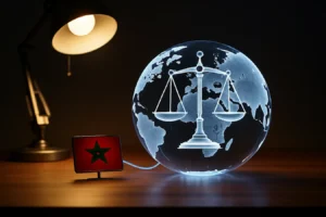 ميزان عدالة فضي بجانب شاشة رقمية تعرض درعاً مضيئاً يمثل حماية البيانات في القانون المغربي 09.08 أمام شركات الذكاء الاصطناعي