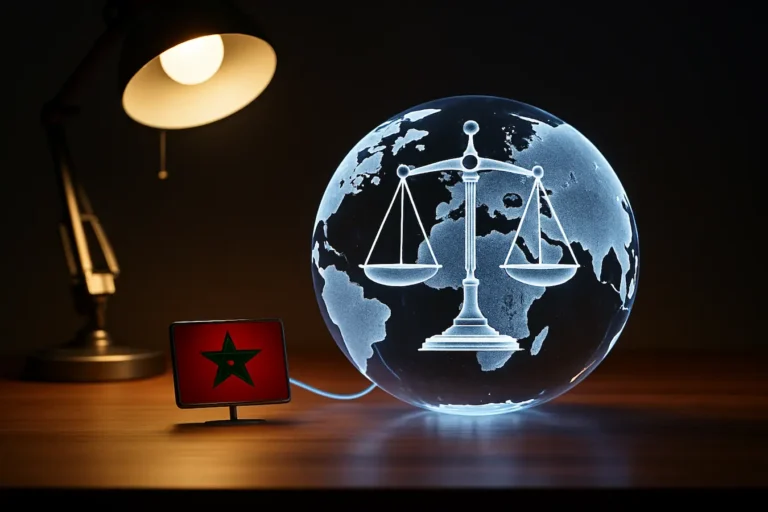ميزان عدالة فضي بجانب شاشة رقمية تعرض درعاً مضيئاً يمثل حماية البيانات في القانون المغربي 09.08 أمام شركات الذكاء الاصطناعي