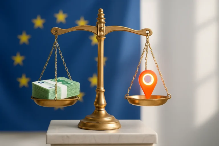 ميزان عدالة أمام شاشة بيانات رقمية يرمز إلى غرامات GDPR على شركات التقنية